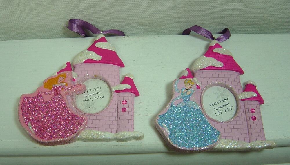 2 DISNEY PRINCESS CASTLE PHOTO HOLDER ORNAMENTS
